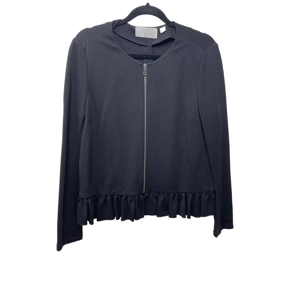 Carlisle New York Black Long Sleeve Zip Up Blazer Blouse Jacket Ruffle Trim 14
